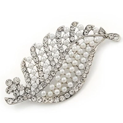 Image of Avalaya Large Simulated Pearl/Diamante &#039;Leaf&#039; Brooch in Silver Tone Metal 8.5cm Length