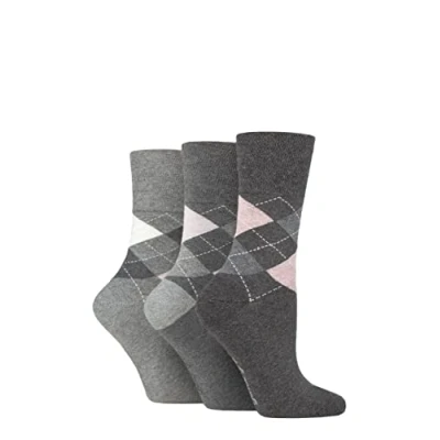 Image of Women&#039;s 3 Pair Gentle Grip Argyle Patterned Cotton Socks Charcoal / Grey 4 8 Ladies