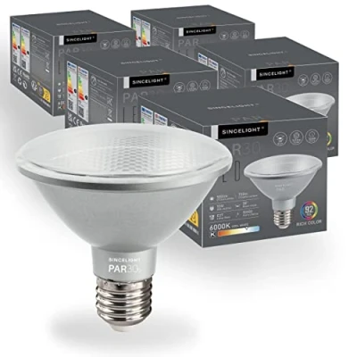 Image of SINCELIGHT PAR30s LED Light Bulb with E27 Base, 38 Optical Reflector, 10W, Rich Color RA≈92, Cool White 6000K, 900 Lumens Equivalent to 90W Halogen, Pack of 5