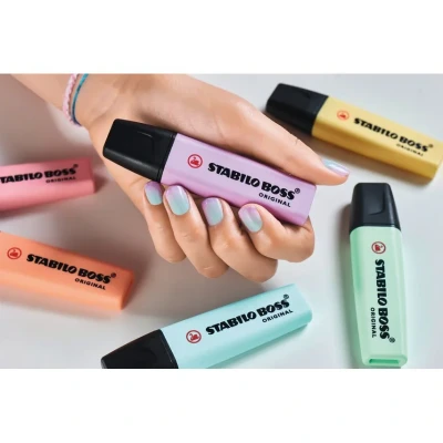 Image of Highlighter STABILO BOSS ORIGINAL Pastel Pack of 6 Milky Yellow, Creamy Peach, Pink Blush, Lilac Haze, Hint Mint, Touch Turquoise