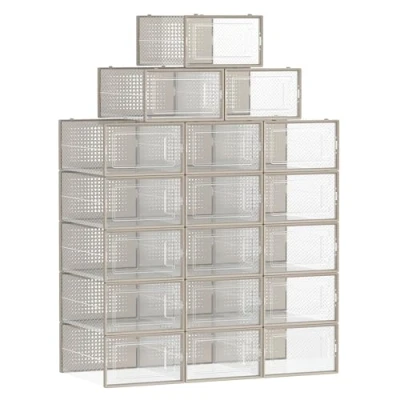 Image of SONGMICS Shoe Boxes, Pack of 18 Stackable Storage Organisers, Foldable and Versatile for Sneakers, Fit up to UK Size 11, Transparent Oatmeal Beige LSP18SW30