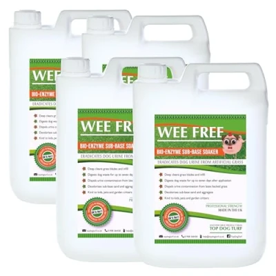 Image of Wee FREE 4x 5 litre Artificial Grass Cleaner and Pet Odour Eliminator for Dog Urine Disinfectant, Neutraliser Deodoriser on Astro Turf Fake Lawns. Safe Dogs Animals.