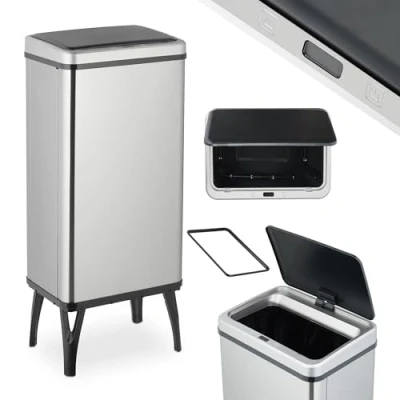 Image of Relaxdays Kitchen Bin with Sensor, 50 L, Automatic Lid, Waste Container, Rubbish Bag Holder, Stainless Steel, Silver, Plastic
