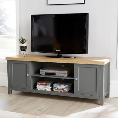 Image of Home Source TV Stand 2 Door Cabinet Television Unit Dark Grey Oak Two Tone Shelf Cable Tidy, MDF, 130cm