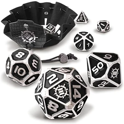 Image of ENHANCE DnD Metal Dice Set 7pc Polyhedral with 2 in 1 Vegan Leather Bag and Tray, Solid D&amp;D for Dungeons Dragons, Pathfinder, more RPGs (Collector&#039;s Edition Black)