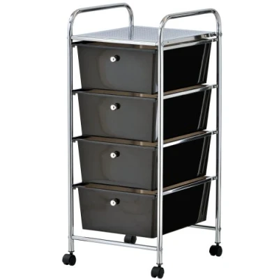 Image of VonHaus Storage Trolley, 4 Drawer Black Wheeled Makeup Durable with Plastic Drawers, Chrome Frame, Panel &amp; 360 Wheels, Versatile Organiser for Bedroom, Bathroom, Home Office
