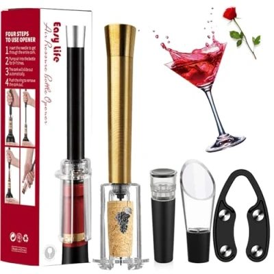 Image of MIRACLEW Wine Opener, Air Pump Cork Remover Bottle Opener Set, Miracle Pressure with Vacuum Stopper, Pourer, Paper Cutter (Gold)