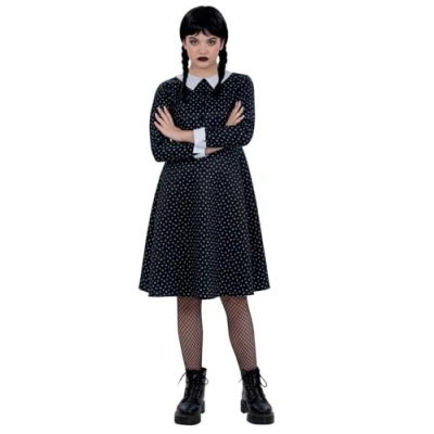 Image of Smiffys Kids Gothic School Girl Costume Spotted Dress, Halloween Child Fancy Schoolgirl Dress Up Costumes