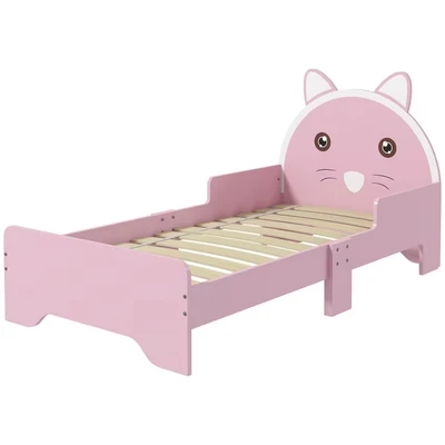 Image of ZONEKIZ Toddler Bed Frame, Kids Cat Design Princess Bedroom Furniture with Guardrails, for 3 6 Years Old, 143L x 74W 72Hcm Pink