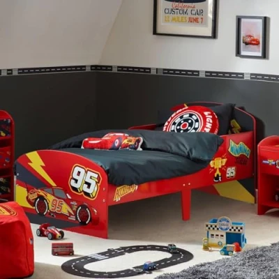 Image of Disney Cars Lightning Mcqueen Toddler Bed: Sturdy Engineered Wood Construction, Guarded Sides, Wooden Slats, Fits 140cm x 70cm Mattress (Mattress not included)
