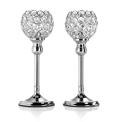 Image of Artis Set of Two Silver Pillar Candle Holders with Crystal Detail for Tea Light/Votives, Perfect Centrepiece Dinner Table, Weddings and Parties