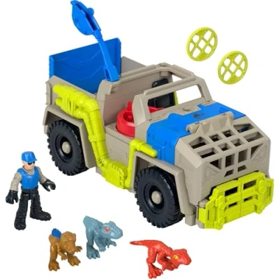 Image of Fisher Price Imaginext Jurassic World Dinosaur Toys Track &amp; Transport Dino Truck Vehicle Figure Set for Preschool Kids Ages 3+ years, HRK69