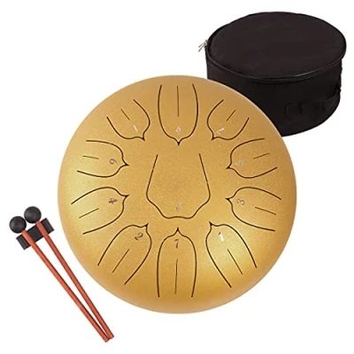Image of Lomuty 12 Inches 30 CM Steel Tongue Drum 11 Notes C Major Tuned Percussion Instrument Handpan with Bag, Music Book, Mallets and Finger Picks(Gold)