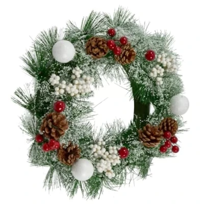 Image of Artificial Christmas Wreath Frosted Mistletoe &amp; Baubles 30cm
