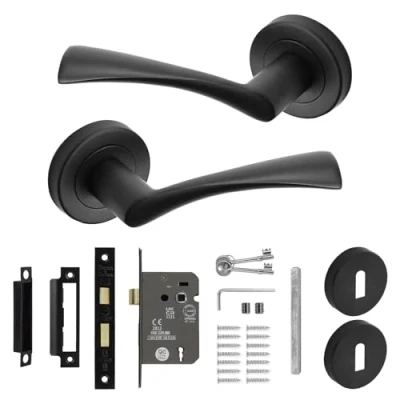 Image of Decoranddecor Apex Matt Black Lever On 54mm Rose Door Handles Internal Curved Design Aluminium Sash Lock Kit