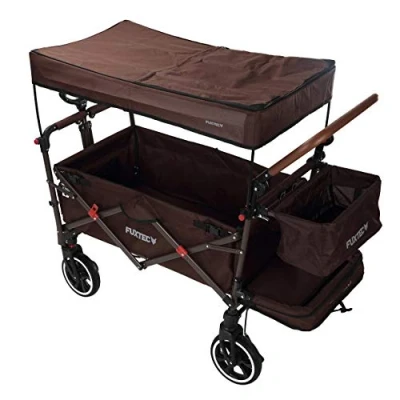 Image of FUXTEC folding/foldable wagon hand cart garden trolley carriage of children outdoor transport hard ground hiking trail removable canopy interior extension rear bag CT850 Brown