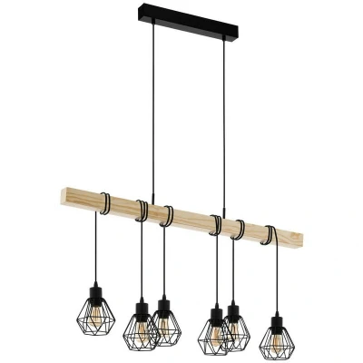 Image of Eglo Pendant Lighting Townshend 5, 6 lamp Vintage Ceiling Light Fitting, Industrial Hanging for Living and Dining Room, Black Metal Natural Wood, E27 Socket