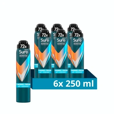 Image of Sure Thermo Fresh Nonstop protection Antiperspirant Deodorant (6x 250 ml) with Body Heat Activated technology Aerosol Spray for 72 hour sweat and odour 6x ml