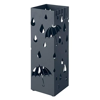 Image of SONGMICS Metal Umbrella Stand, Square Holder with Drip Tray and 4 Hooks, 15.5 x 49 cm, Anthracite Grey LUC049G01