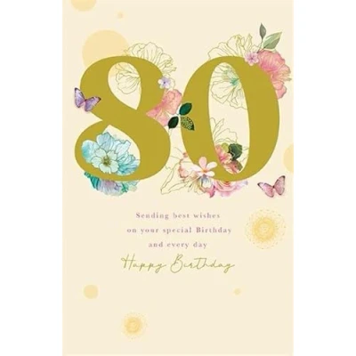 Image of Paper Rose Female Age 80 Milestone Birthday Card Floral Special 80th with Embossed Gold Foil Eco Friendly &amp; Recyclable Made in the UK