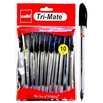 Image of Cello Black Ballpoint Pens, Tri Mate Medium Point Biros Multipack Pens 1.0mm Ball Ink for Writing Ideal Stationery Supplies and School Pack of 10