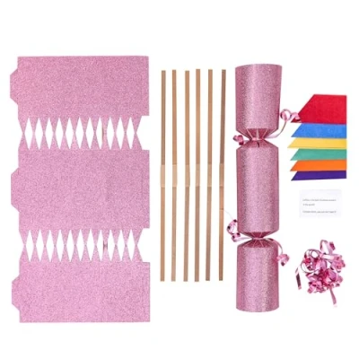 Image of evelay Make Your Own Christmas Cracker Kit Pink Glitter Crackers Hats Snaps Jokes Party Favours 12 Pieces (Pink Glitter)