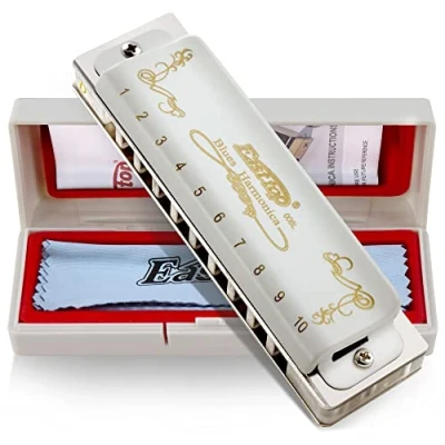 Image of East top Blues Harmonica Key of D 10 Holes Diatonic harp mouth organ with White Cover, T008L for Adults, Professional Player and Students