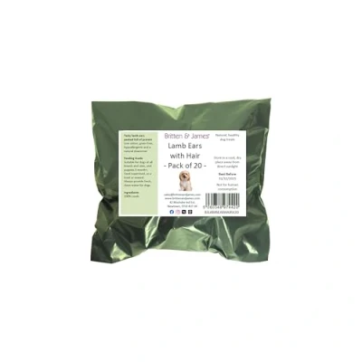 Image of Britten and James 20 Airdried Lamb Ears with Hair for Dogs. Natural Healthy Tasty Dog Treat Chews