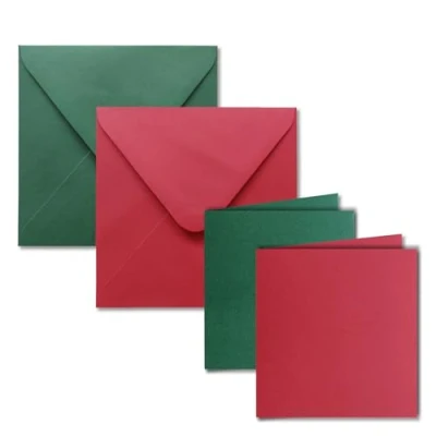 Image of NEUSER PAPIER 50x square folding card set including envelopes blank invitation cards in red and green 135 x mm (13.5 13.5 cm)
