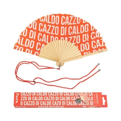 Image of Fisura Original handheld folding Fan with the message in Italian and German wooden fan. holding Hand Fans. hanger included (Caldo, red pattern)
