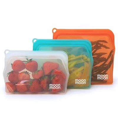 Image of Moonmoon Reusable Silicone Freezer Bags Leakproof Fridge &amp; Storage Resealable Food for Sandwiches, Snacks Soup (Set of 3). Plastic Free.