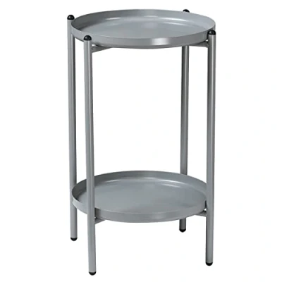 Image of URBNLIVING 50cm 2 Tier Round Metal Side End Table Living Room With Shelf Bedside Nightstand Grey
