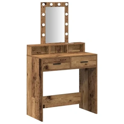 Image of vidaXL Vanity Unit Mirror with Hollywood Lights Modern 79 x 41 140 cm Engineered Wood Make up Table for Bedroom