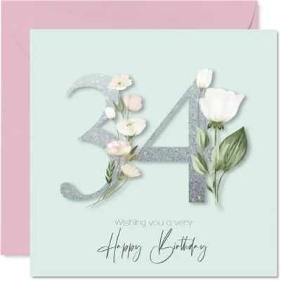 Image of 34th Birthday Cards for Women Fancy Floral Flowers Happy Card 34 Year Old Woman Friend Sister Neighbour Auntie, 145mm Bday Greeting