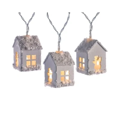 Image of WeRChristmas Snow Flocked Wooden House Light String Christmas Decoration, 20 LED, White, 5 cm