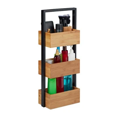 Image of Relaxdays Bamboo Bathroom Shelf Unit, 3 Tier Basket Rack for &amp; Kitchen, Metal, 67x28.5x15 cm, Natural