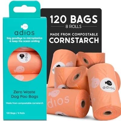 Image of Adios Plastic Biodegradable Dog Poop Bags Extra Thick Compostable Poo Made from Highest Rated EN13432 Certified Cornstarch Leak Proof Waste in Coral Colour 8 Rolls, 120