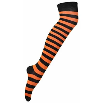 Image of Purple Hanger New Womens Over Knee Long Horizontal Stripe Print Ladies Thigh High Striped Patterned Overknee Socks Orange &amp; Black