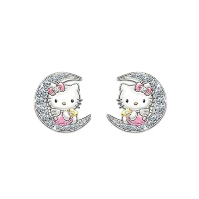 Image of Kaguyo Silver earrings For women, 925 Sterling Hello Kitty Earrings, zirconia cute cat stud Women Girls kids, birthday Gift (Hello B)