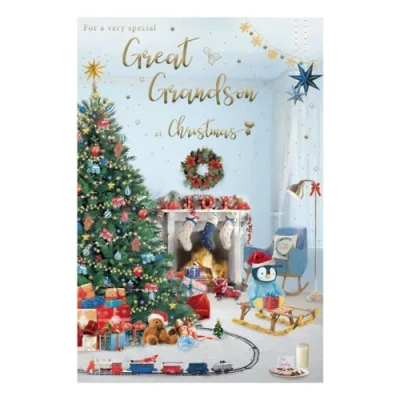 Image of ICG Very Special Great Grandson Christmas Card Cosy Home Scene with Tree and Toys Embossed Foil Details