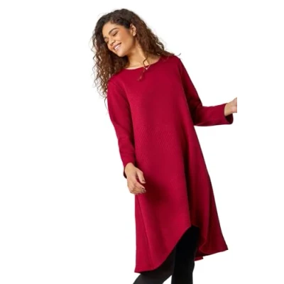 Image of Roman Ribbed Asymmetric Stretch Dress for Women UK Ladies Autumn Everyday Winter Holiday Round Neckline Comfy Long Sleeve Soft Dipped Hemline Frock Desk to Dinner Gowns Wine Size 16