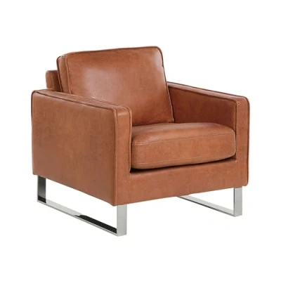 Image of Beliani Retro Living Room Faux Leather Armchair Track Arms Metal Legs Golden Brown Vind