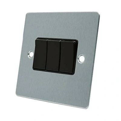 Image of AET FSC3GSWIBL Satin Chrome Flat Black Insert Plastic Rocker Switches 10 Amp Triple 3 Gang 2 Way Light Switch, 240 V