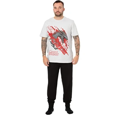 Image of Game of Thrones Mens Pyjamas Adults Loungewear Pants &amp; White T Shirt Complete PJ Set Fire and Blood Targaryen Dragon Short Sleeve Tee Long Leg Pajama Nightwear Merchandise Gift for Him