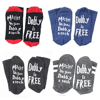 Image of Simoda 4 Pairs Novelty Socks Funny Saying Dobby is Free Knitted Words Crew Cotton for Womens Mens Gift (4 pairs)