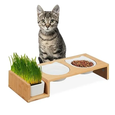 Image of Relaxdays Cat Feeding Station, with Pet Grass, 2 Ceramic Bowls 400 ml Each, Dishwasher Safe, Stand, Natural/White, Bamboo, 8.5 x 47.5 19 cm