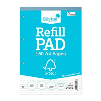 Image of Silvine A4 Everyday FSC Refill Pad. Lined with Margin, 160 Pages of Certified Paper. Ref FSCRP80 [Pack 5]