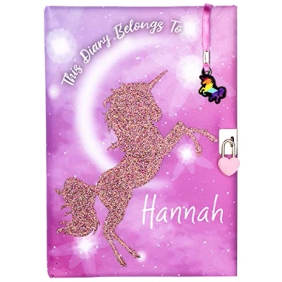 Image of Fringoo Glitter Unicorn Personalised Diary with Lock Writing Book Notebook Heart Padlock and Matching Bookmark 96 Page Girls Journal Birthday Gifts for