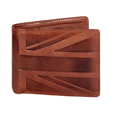 Image of Hudson &amp; James Designer London Real Distressed Leather Mens Wallet with Zip Coin Pocket Credit Carder Holder Bifold Purse UK Union Jack (Tan Crunch)