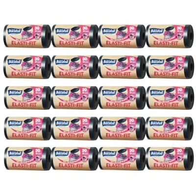Image of Bacofoil Elasti Fit Bin Liners with Drawstring Handles 50L Leak Proof Bag Elastic Fastening for a Secure (20 Rolls, 200 Bags)…